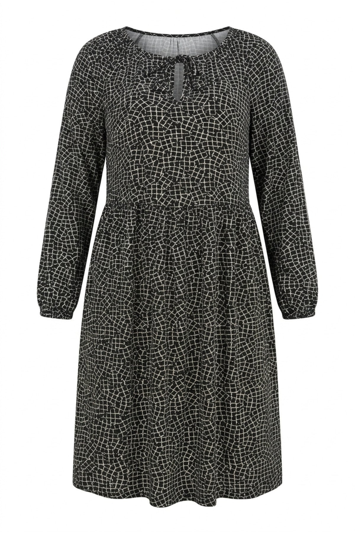 Plus Size Long Sleeve Abstract Patterned Midi Dress with Collar Detail
