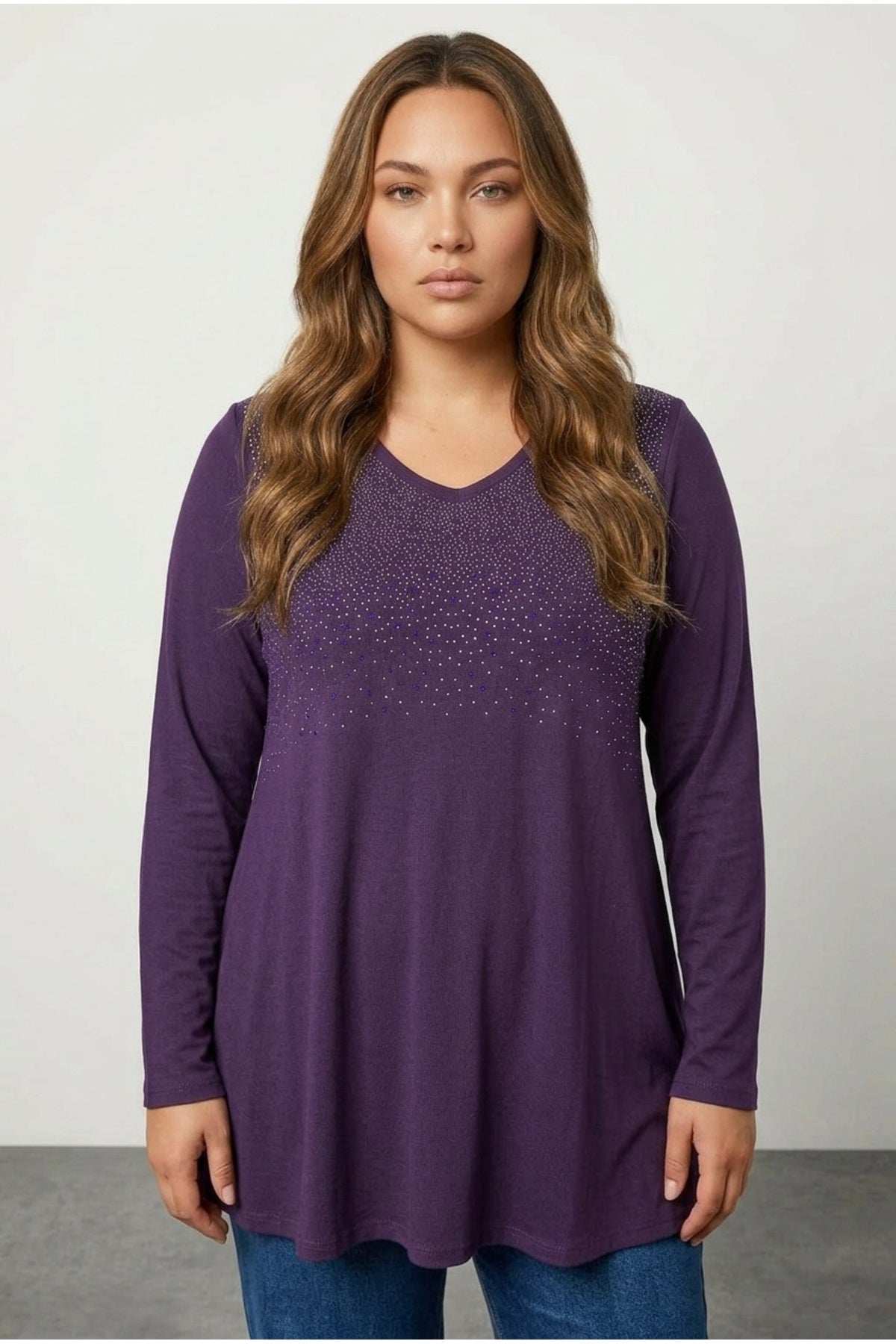 Plus Size V-Neck Long Sleeve Front Stone Embellished Blouse