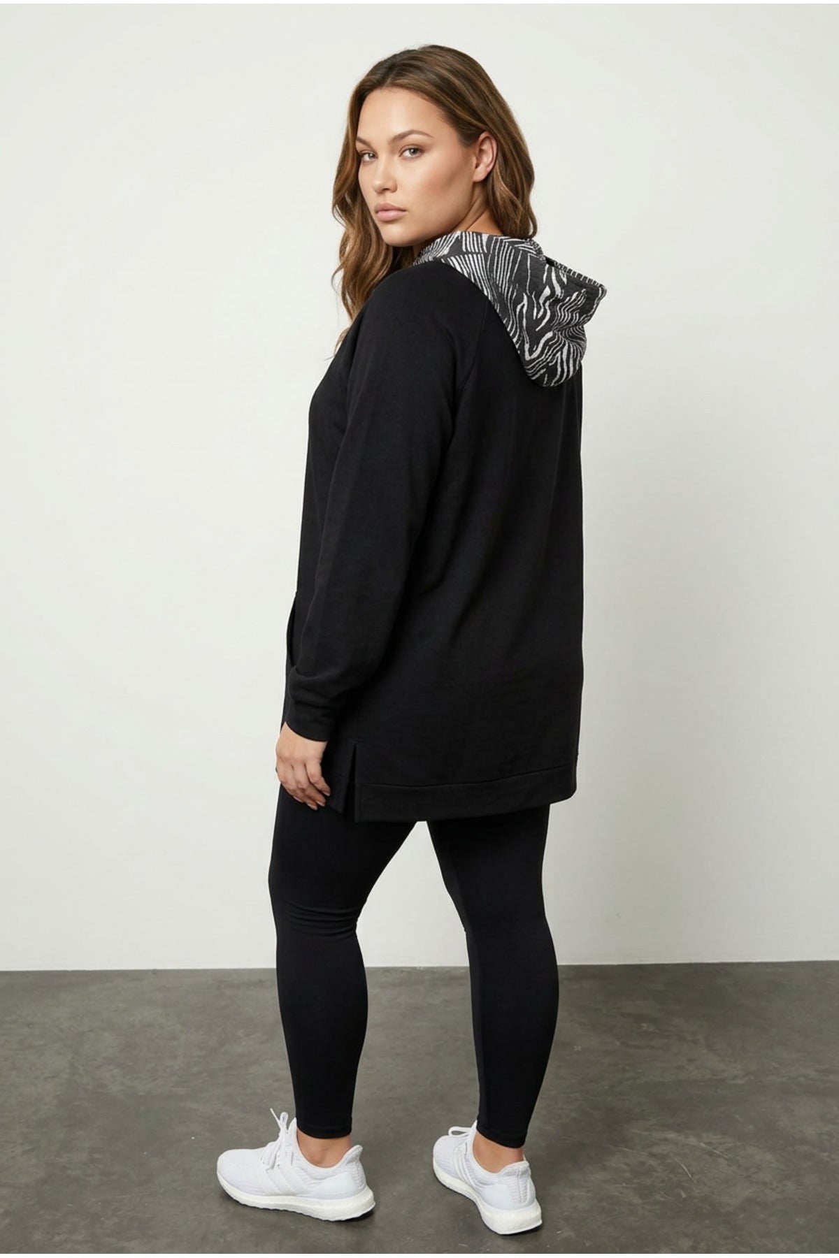 Plus Size Long Sleeve Hooded Kangaroo Pocket Side Slit Sweatshirt