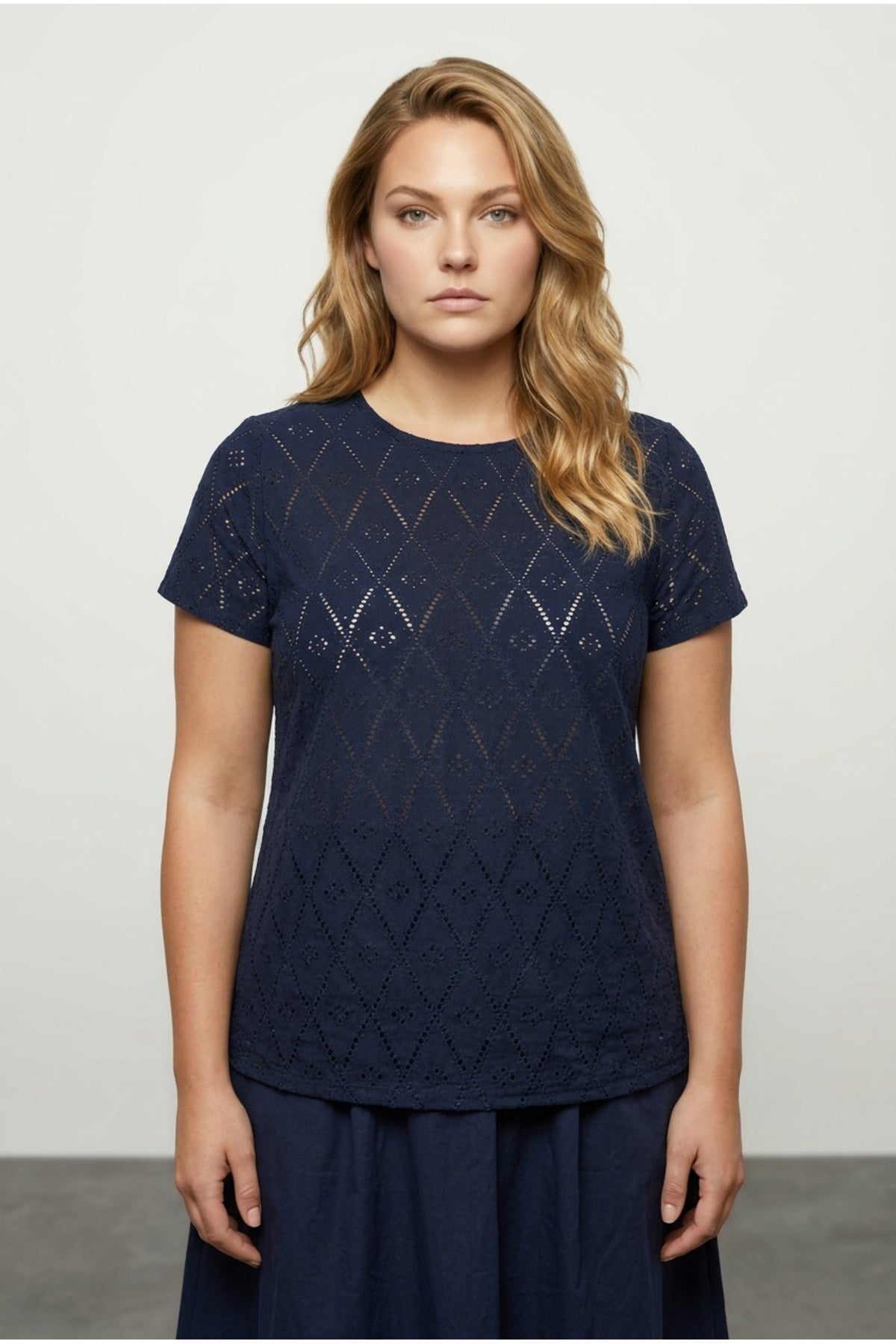 Plus Size Crew Neck Short Sleeve Lace Detail Unlined Blouse