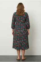 Plus Size V-Neck Floral Print Bishop Sleeve Midi Dress