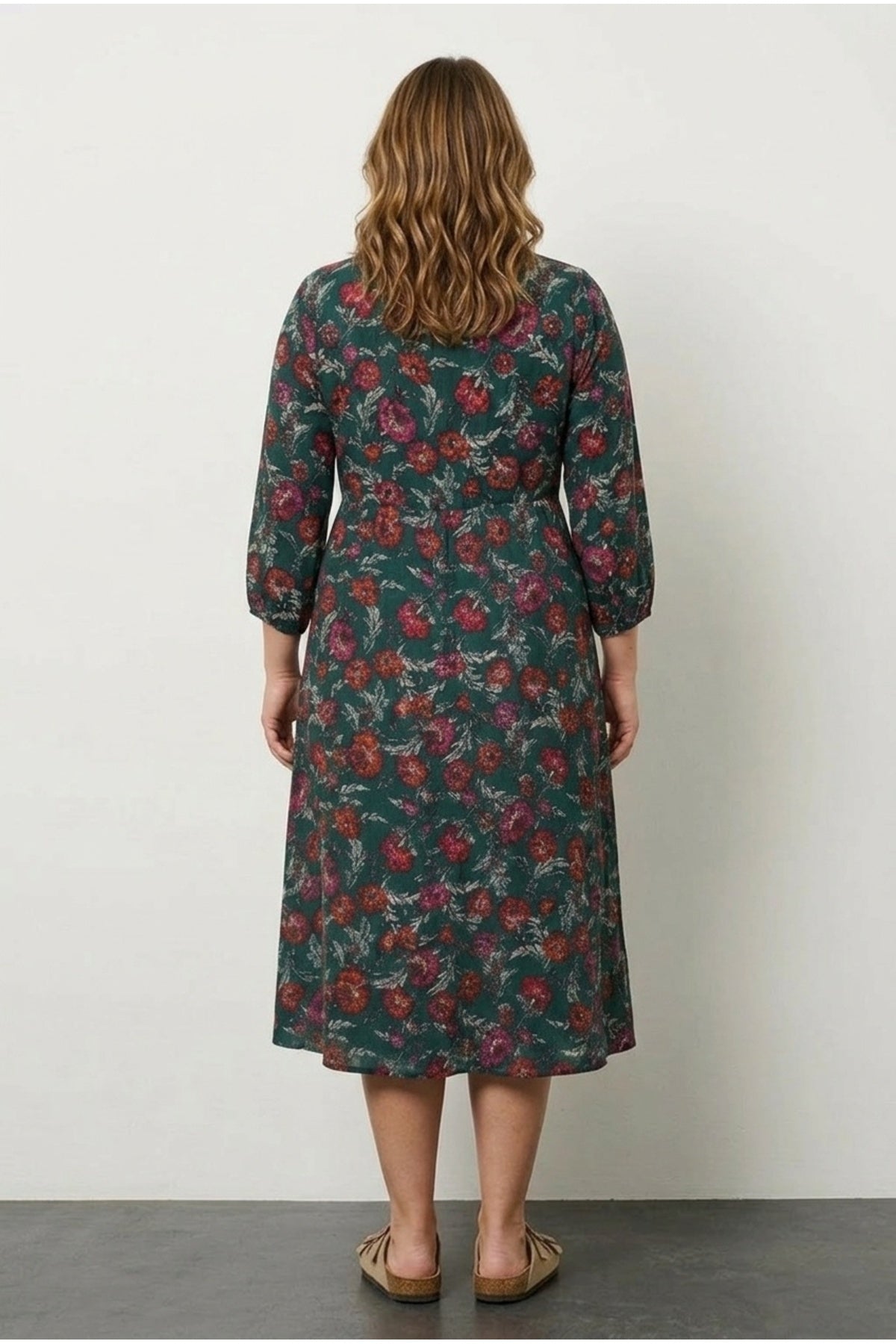 Plus Size V-Neck Floral Print Bishop Sleeve Midi Dress
