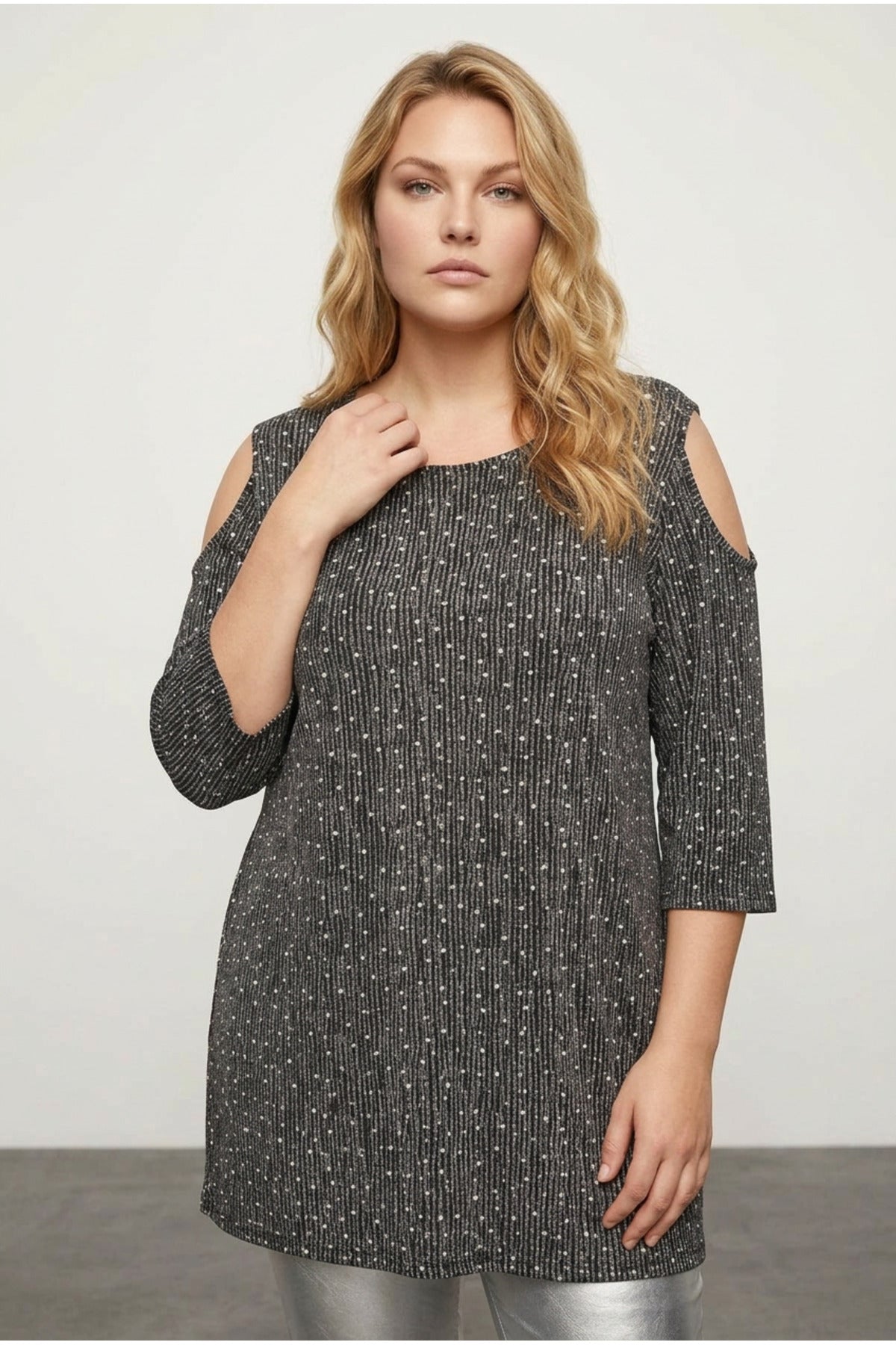 Plus Size Open Shoulder Detailed Polka Dot Half Sleeve Blouse