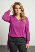 Plus Size V-Neck Long Sleeve Tulle Detailed Asymmetrical Cut Blouse
