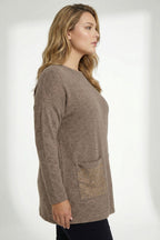 Plus Size Leopard Stone Embellished Coffee Fluffy Sweater