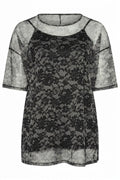 Plus Size 3/4 Sleeve Lined Patterned Tulle Blouse