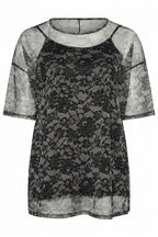Plus Size 3/4 Sleeve Lined Patterned Tulle Blouse