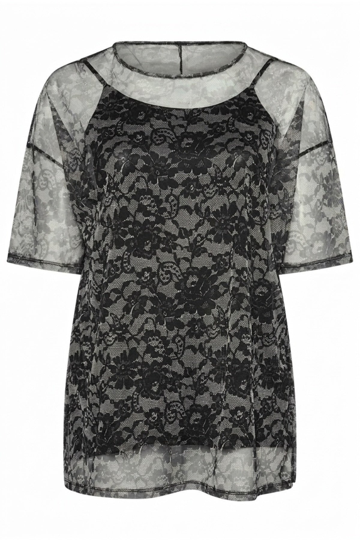 Plus Size 3/4 Sleeve Lined Patterned Tulle Blouse