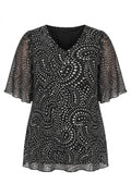 Plus Size V-Neck Patterned Blouse with Tulle Detailed Sleeves