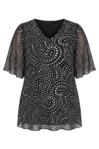 Plus Size V-Neck Patterned Blouse with Tulle Detailed Sleeves
