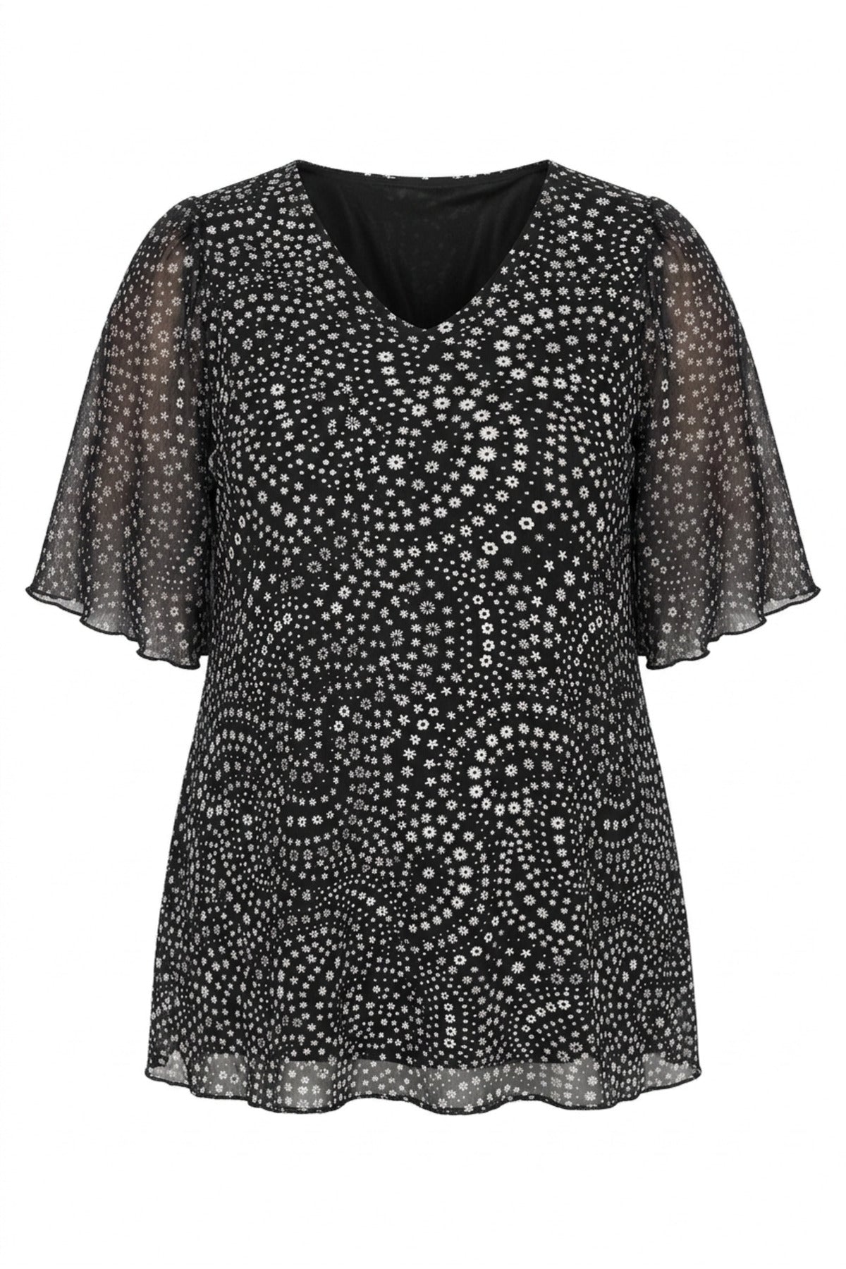 Plus Size V-Neck Patterned Blouse with Tulle Detailed Sleeves