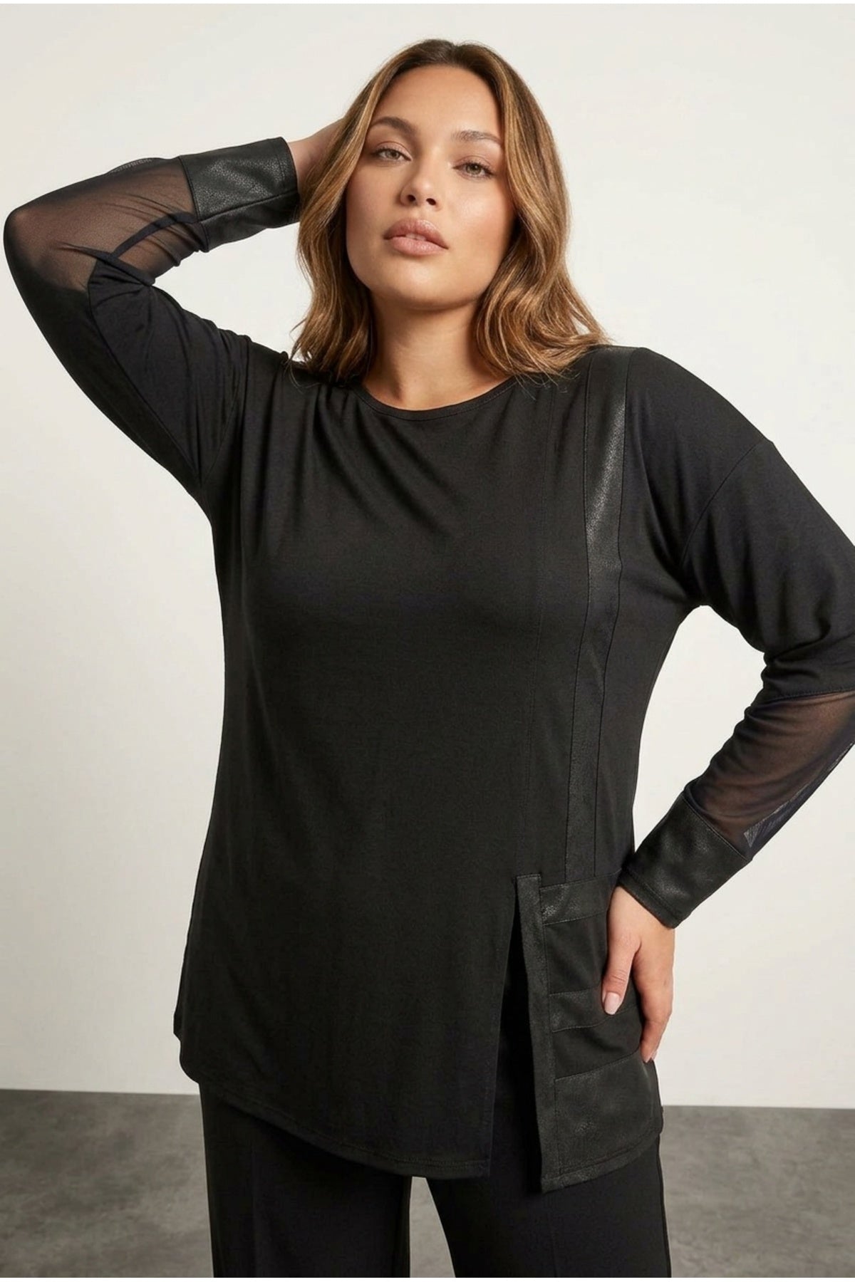 Plus Size Faux Leather Detailed Mesh Sleeve Slit Blouse