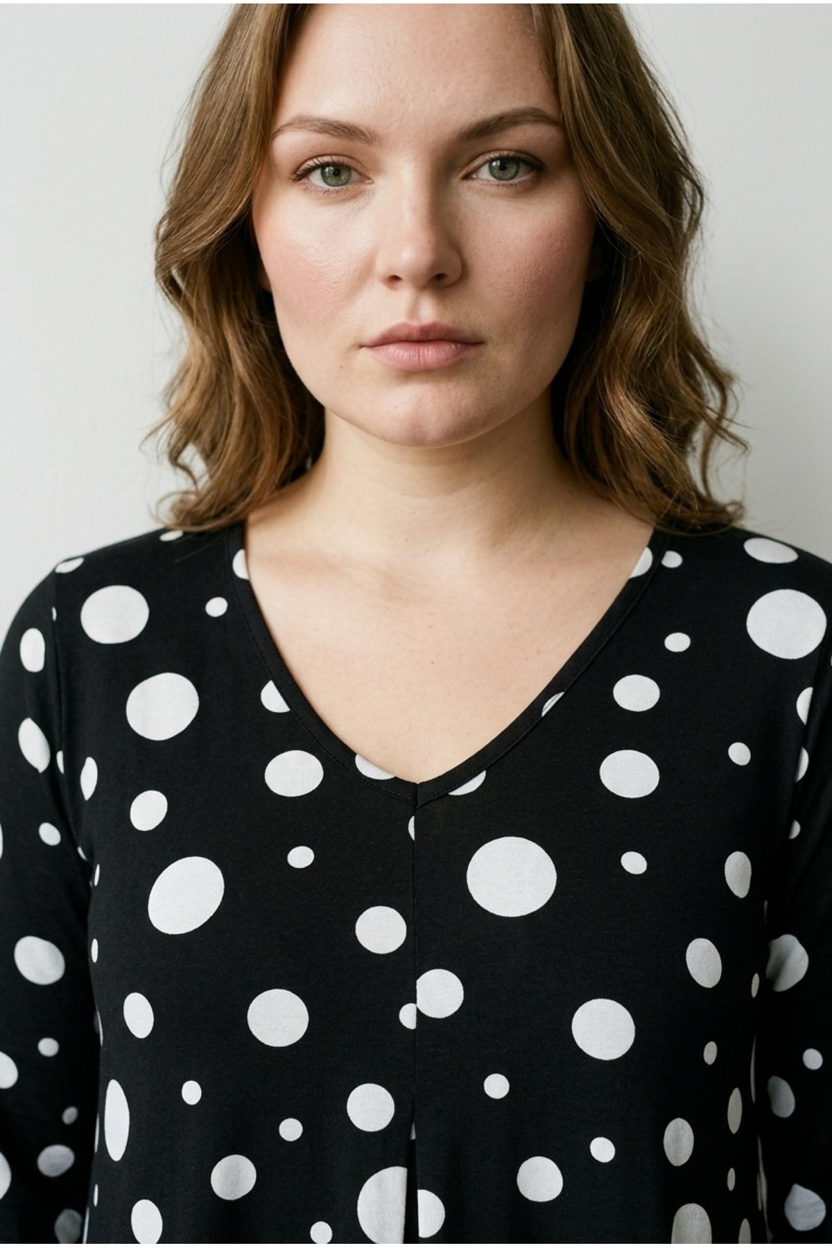 Plus Size V-Neck Long Sleeve Polka Dot Patterned Dress