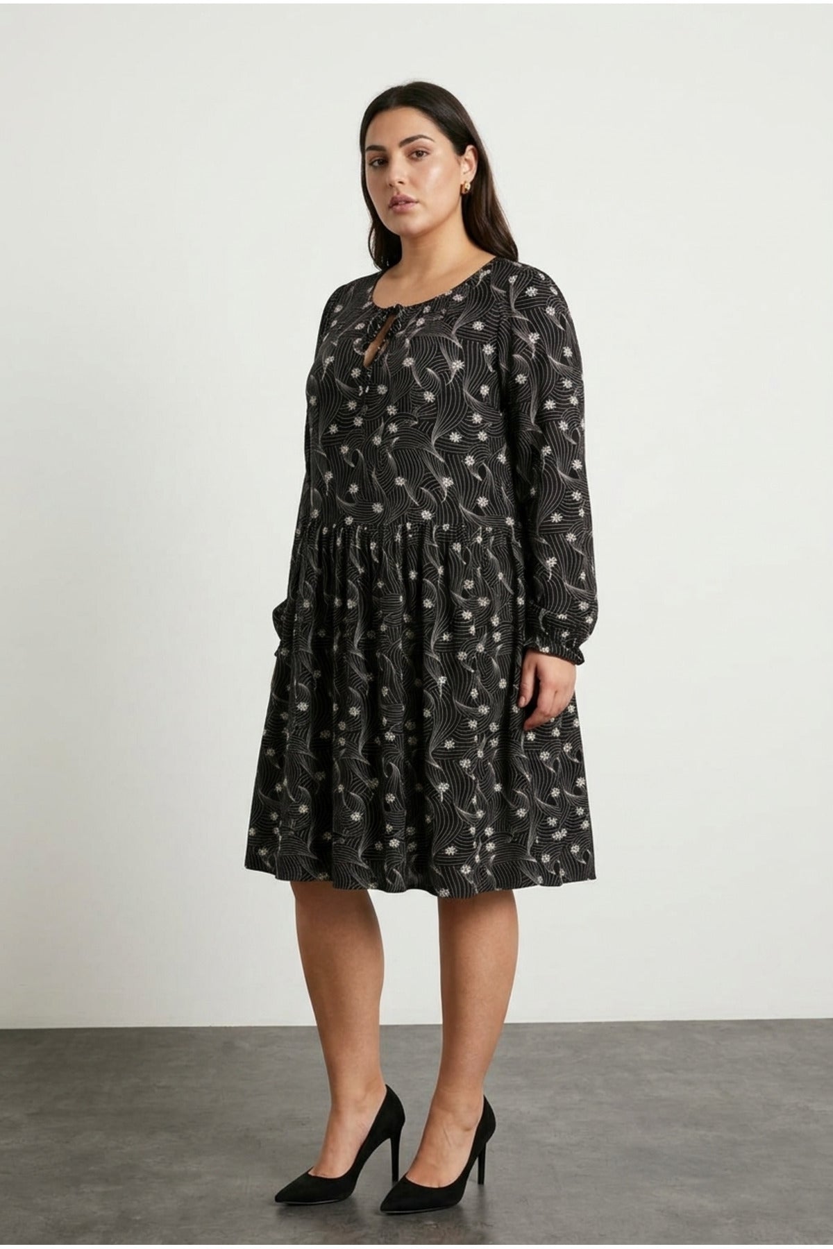 Plus Size Long Sleeve Patterned Dress with Tie-Neck Detail