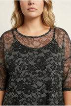 Plus Size 3/4 Sleeve Lined Patterned Tulle Blouse