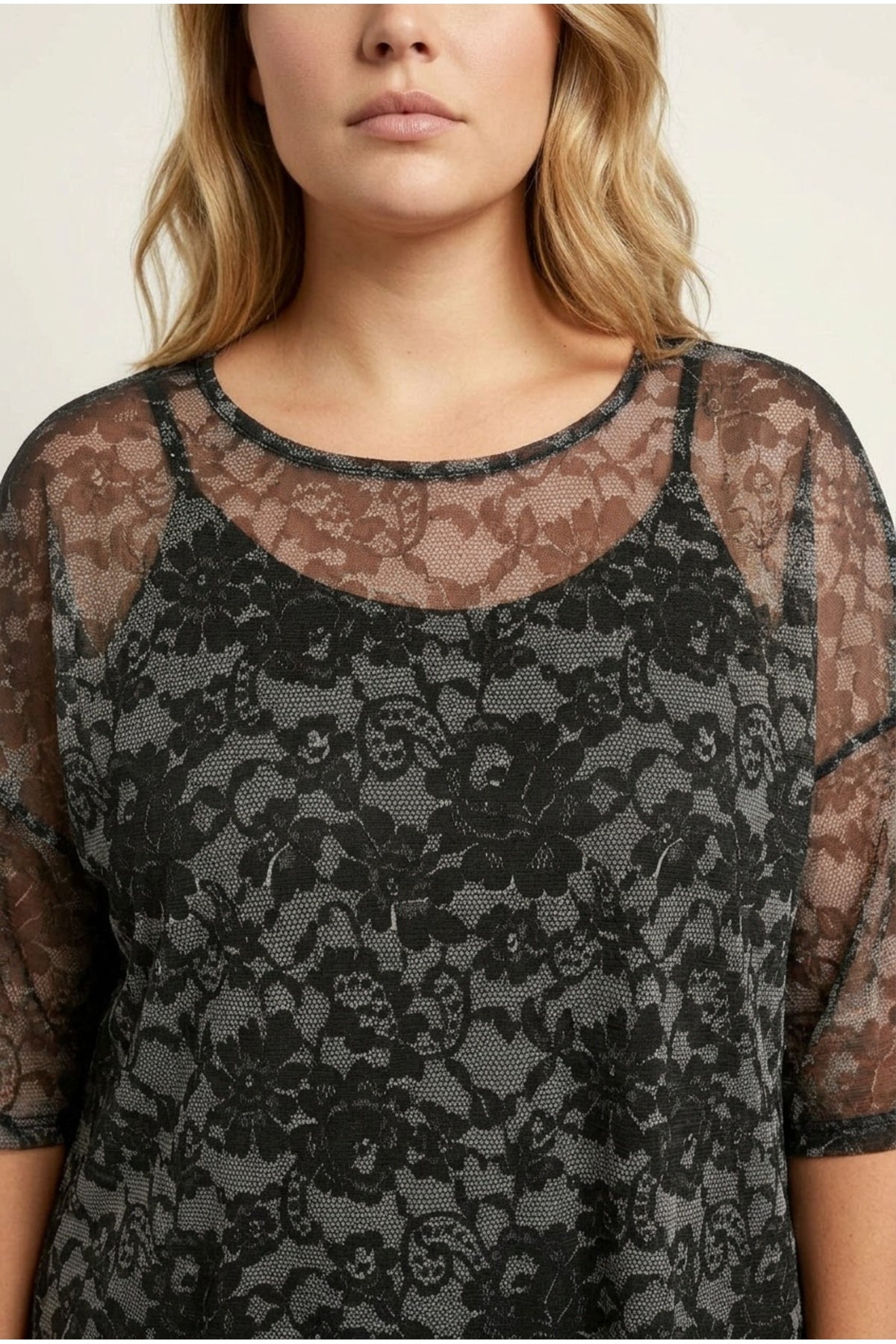 Plus Size 3/4 Sleeve Lined Patterned Tulle Blouse