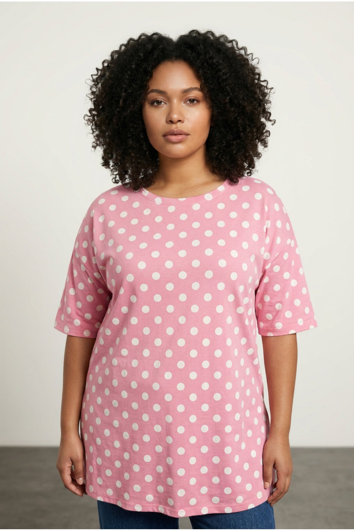 Plus Size Short Sleeve Crew Neck Side Slit Polka Dot Blouse