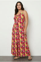 Plus Size Front Shirred Strappy Floral Print Buttoned Dress