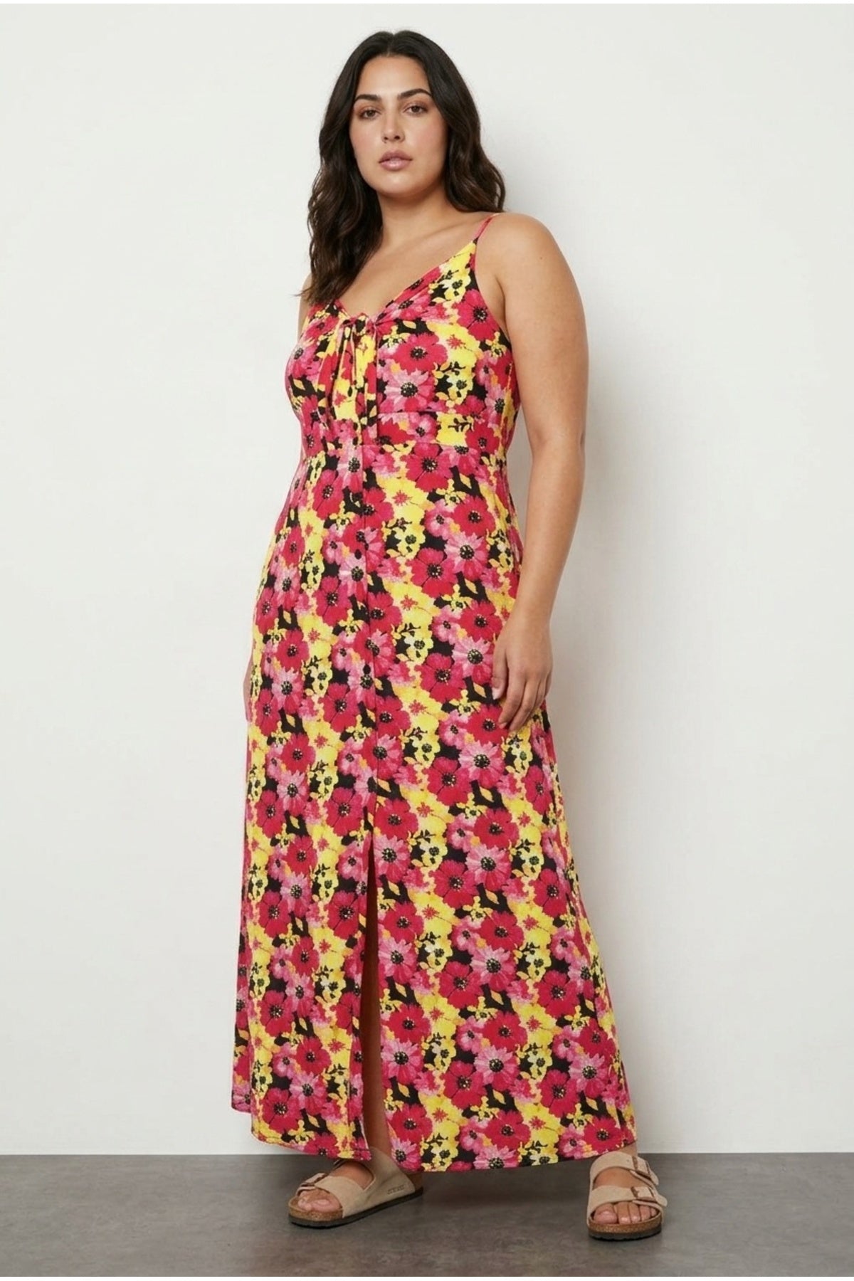 Plus Size Front Shirred Strappy Floral Print Buttoned Dress