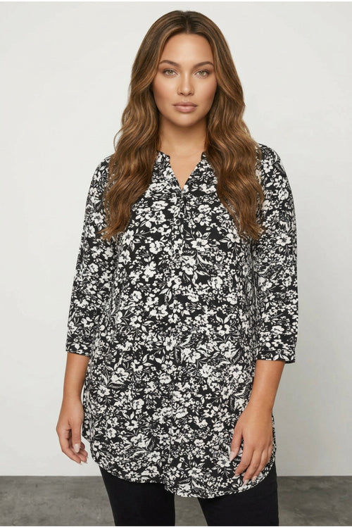 Plus Size 3/4 Sleeve Button-Front Floral Patterned Shirt