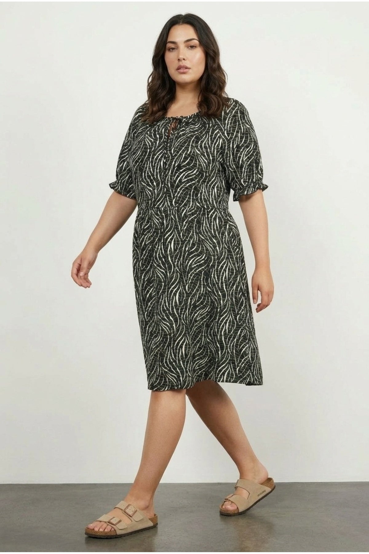 Plus Size Ruched Neck Patterned Mini Dress
