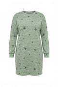 Plus Size Long Sleeve Crew Neck Star Patterned Stretchy Dress