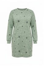 Plus Size Long Sleeve Crew Neck Star Patterned Stretchy Dress
