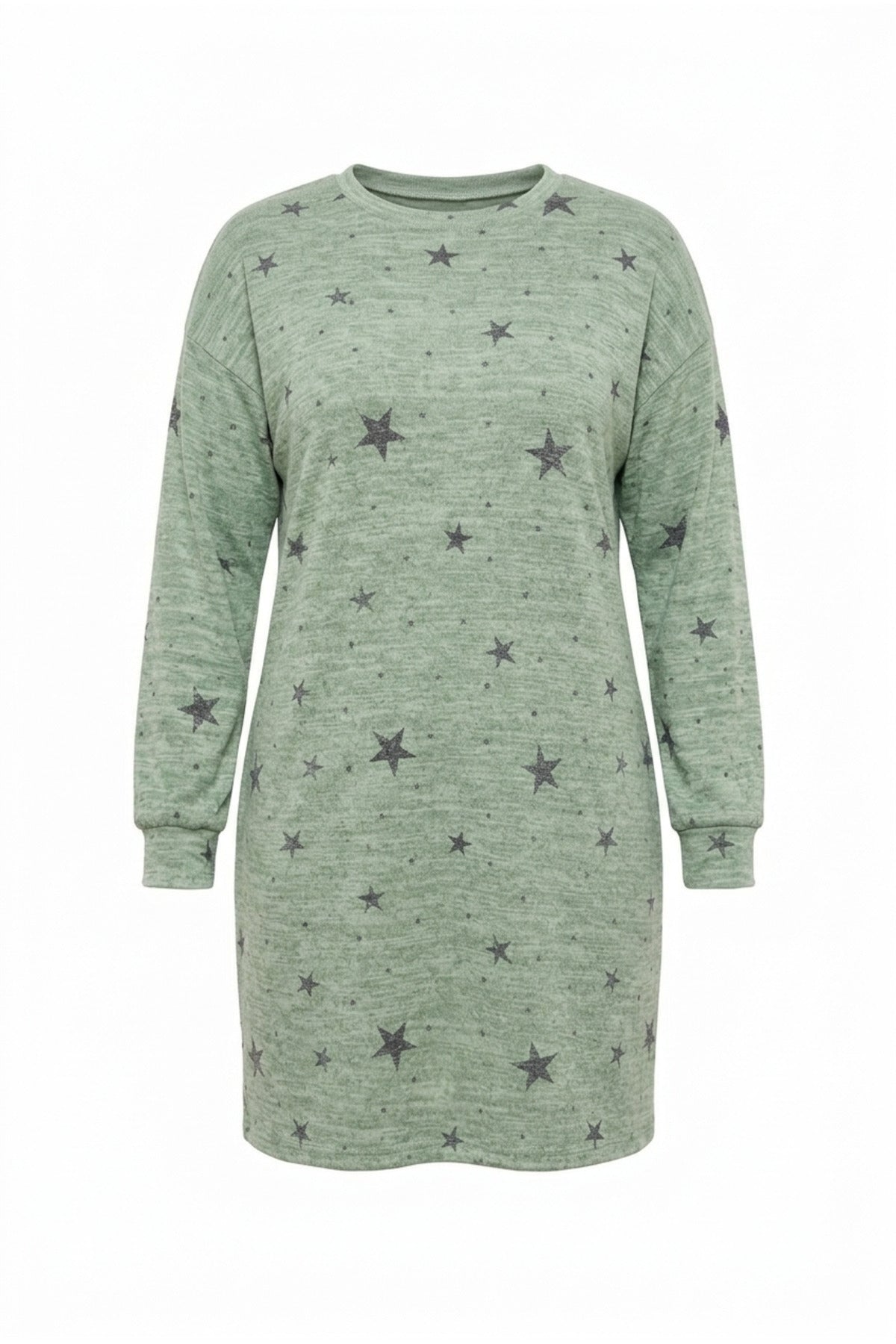 Plus Size Long Sleeve Crew Neck Star Patterned Stretchy Dress