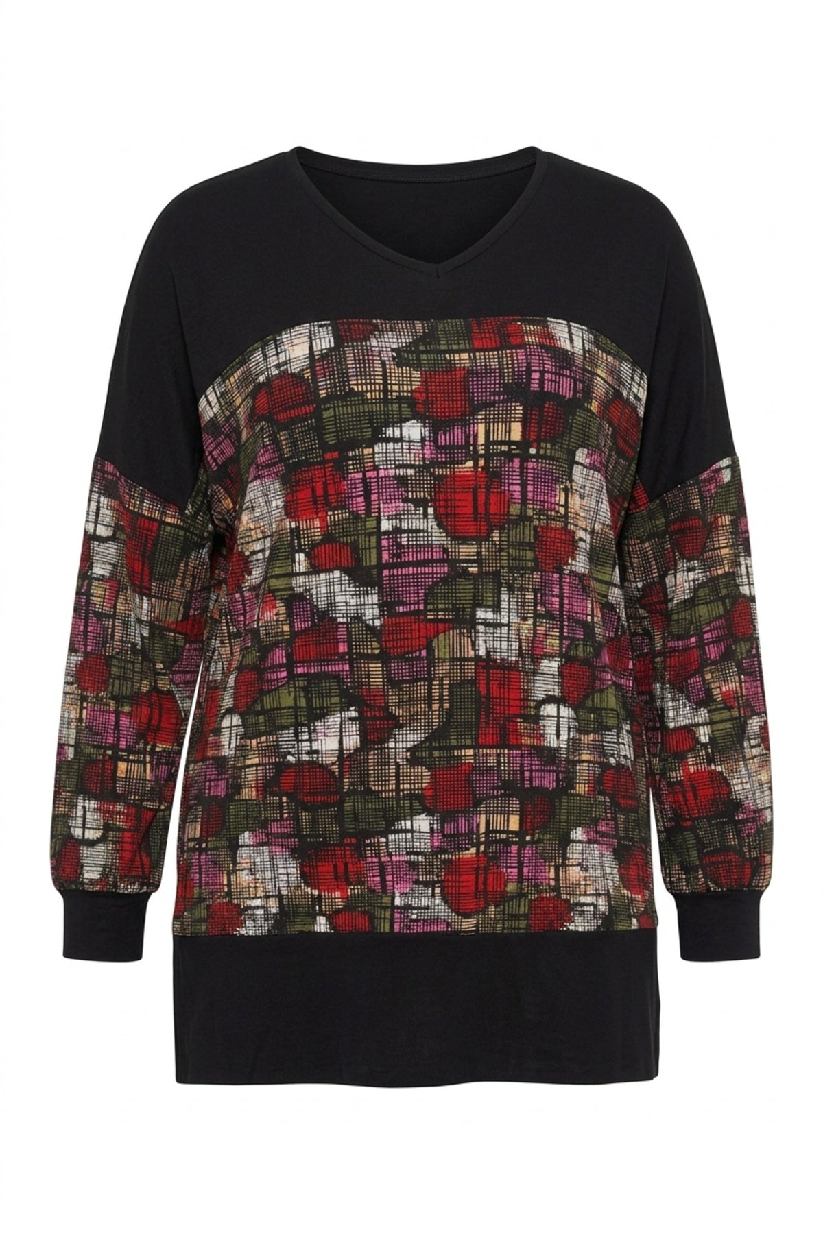 Plus Size V-Neck Long Sleeve Patterned Stretchy Blouse