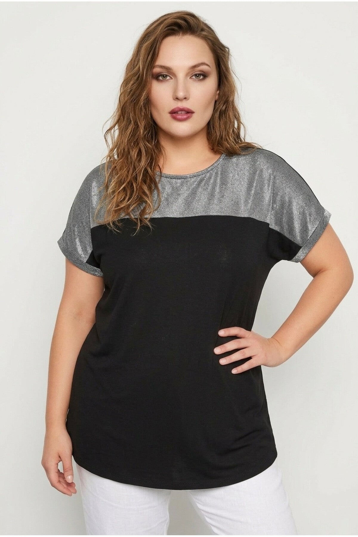 Plus Size Crew Neck Short Sleeve Shiny Printed T-shirt