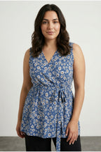 Plus Size V-Neck Sleeveless Floral Patterned Belted Wrap Blouse