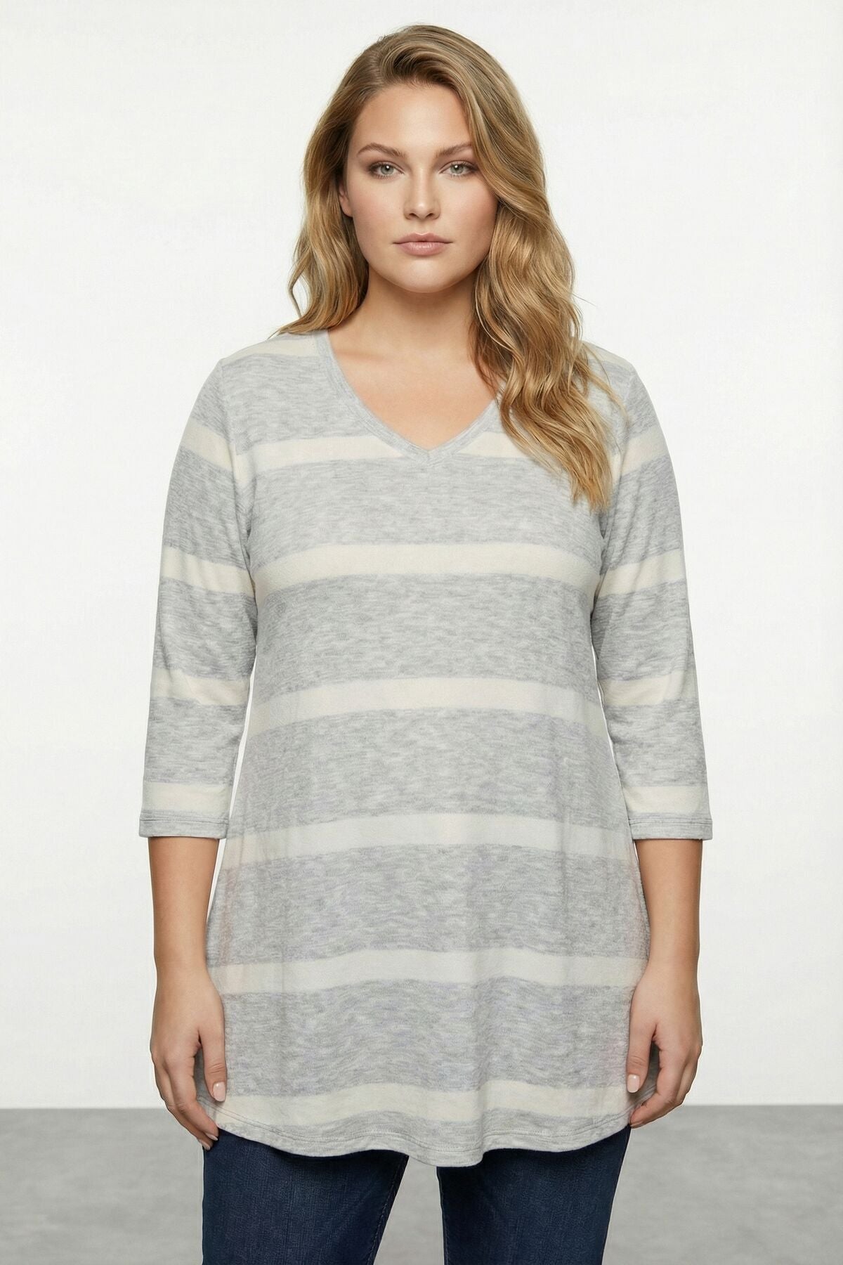 Plus Size V-Neck Flared Hem Striped Long Blouse