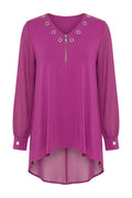 Plus Size V-Neck Long Sleeve Tulle Detailed Asymmetrical Cut Blouse