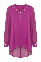 Plus Size V-Neck Long Sleeve Tulle Detailed Asymmetrical Cut Blouse