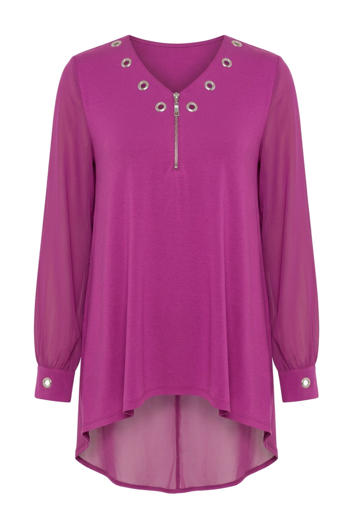 Plus Size V-Neck Long Sleeve Tulle Detailed Asymmetrical Cut Blouse