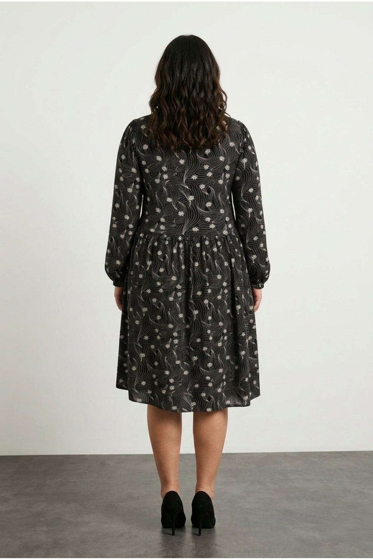 Plus Size Long Sleeve Patterned Dress with Tie-Neck Detail