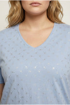 Plus Size Short Sleeve V-Neck Side Slit Metallic Print T-shirt