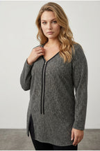 Plus Size V-Neck Front Zippered Slit Detailed Blouse