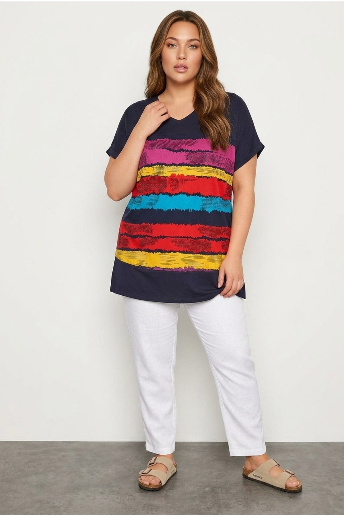 Plus Size V-Neck Short Sleeve Striped T-shirt