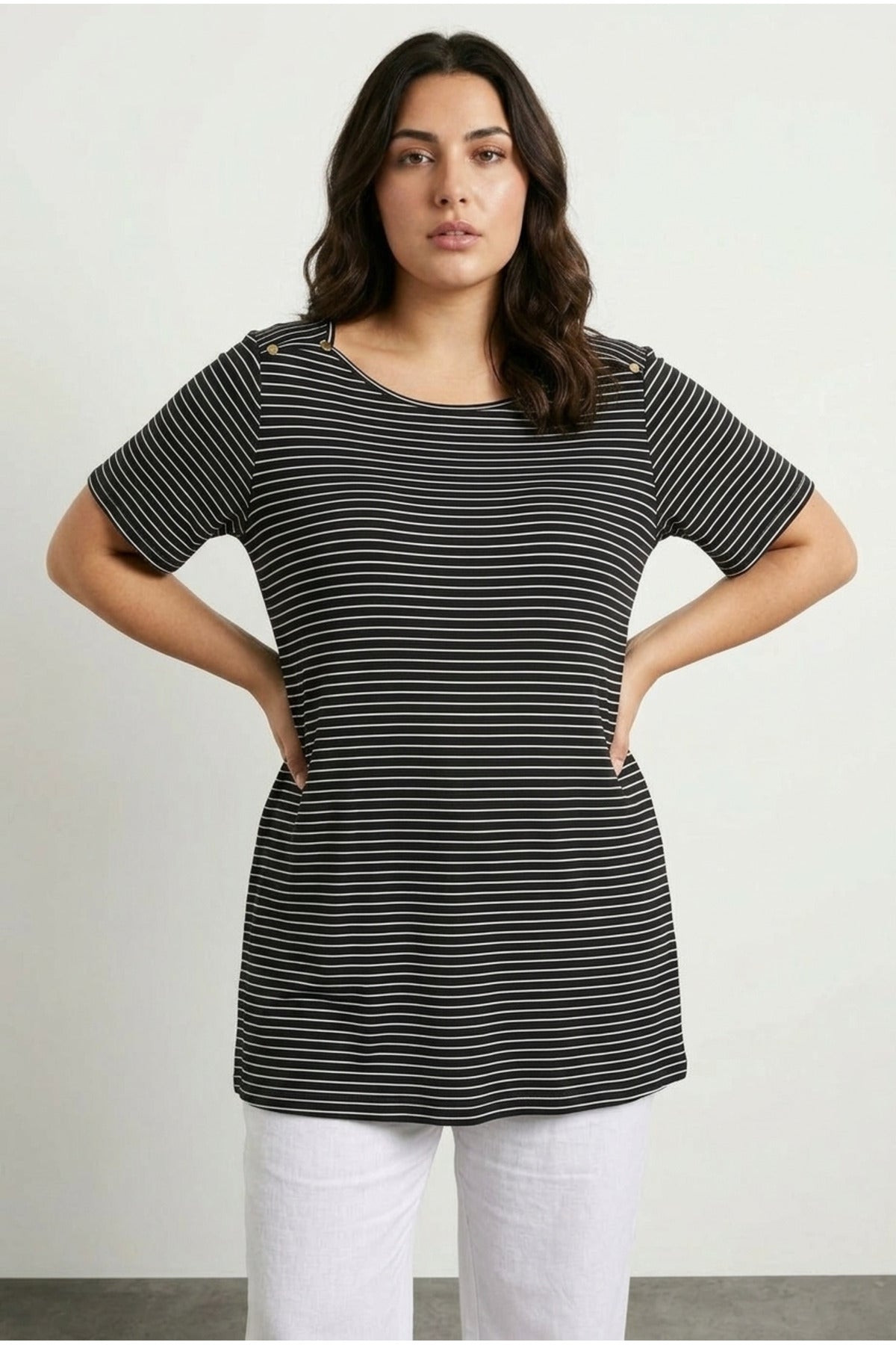 Plus Size Crew Neck Short Sleeve Shoulder Stud Detail Stretchy Fabric Striped Long T-shirt