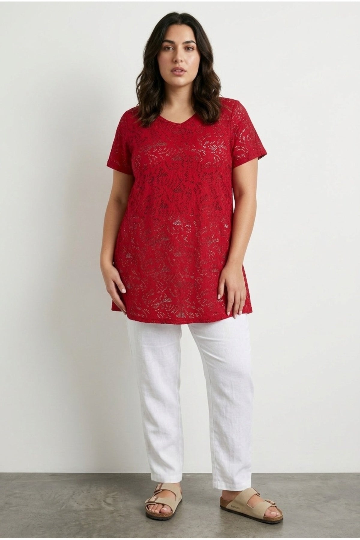 Plus Size V-Neck Short Sleeve Lace Pattern Unlined T-shirt