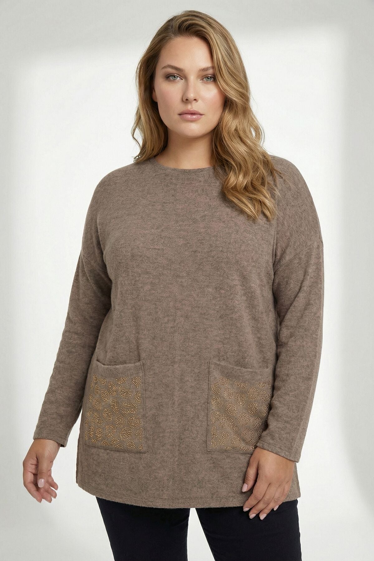 Plus Size Leopard Stone Embellished Coffee Fluffy Sweater