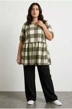 Plus Size Short Sleeve V-Neck Peplum Elasticated Waist Plaid T-shirt