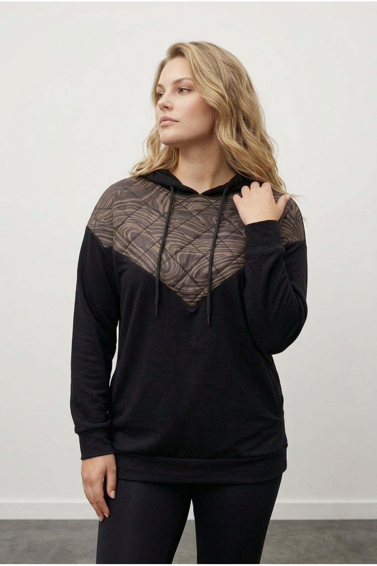 Plus Size Long Sleeve Hooded Sweatshirt with Quilted Detail