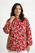 Plus Size Ruched Neck Long Sleeve Patterned Blouse
