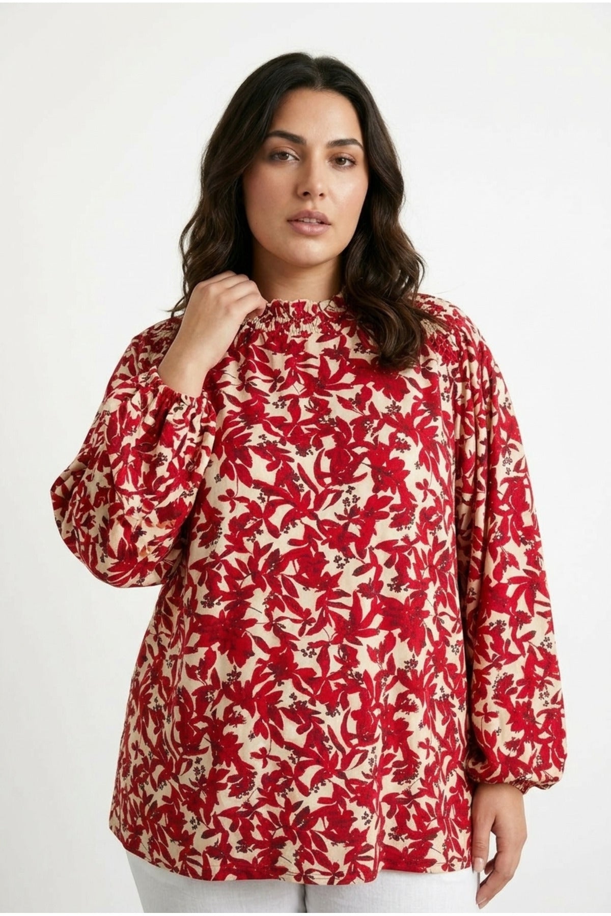 Plus Size Ruched Neck Long Sleeve Patterned Blouse