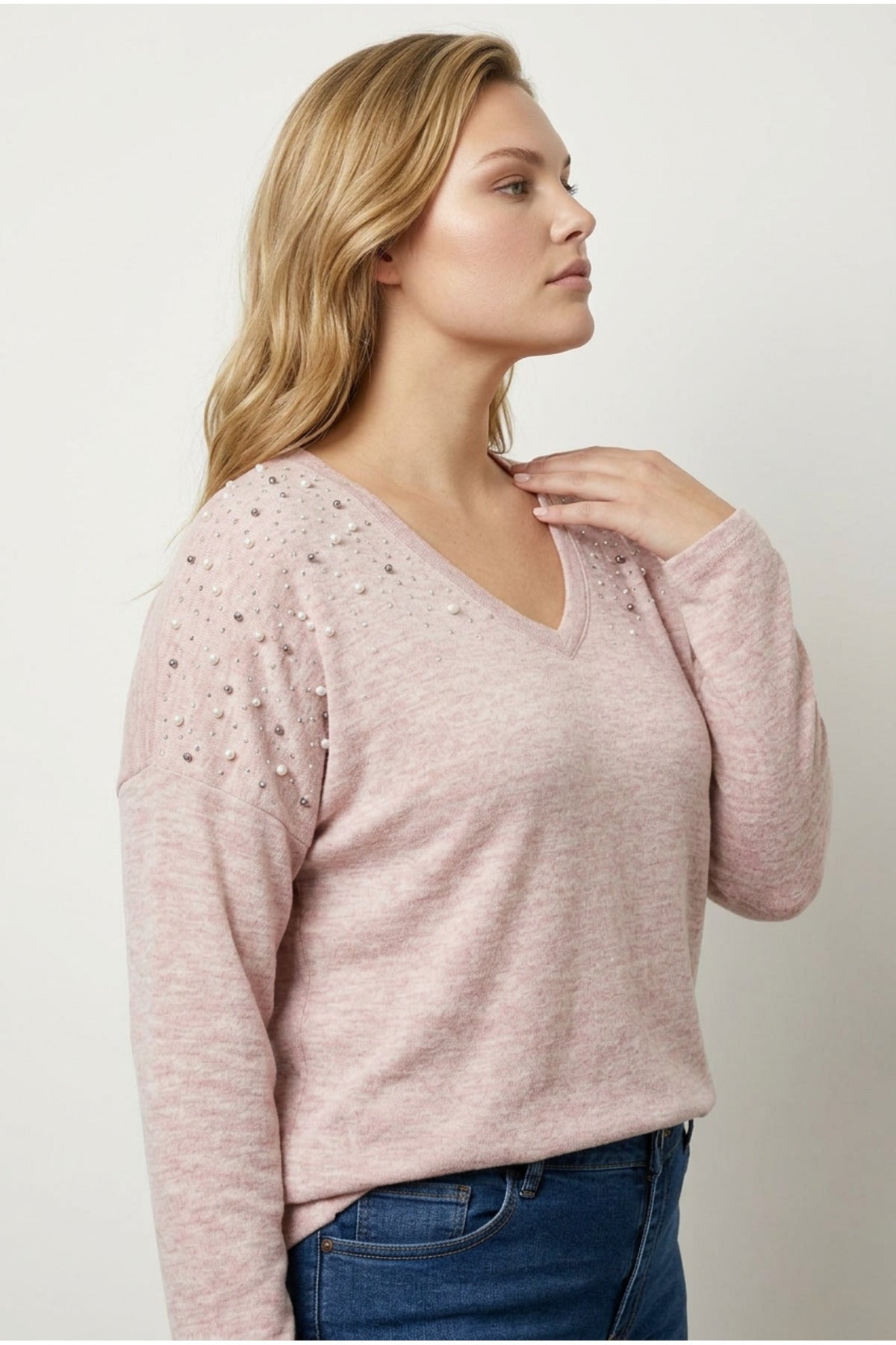 Plus Size V-Neck Long Sleeve Beaded Plush Sweatshirt