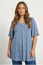 Plus Size V-Neck Short Sleeve Flared Hem Patterned Blouse