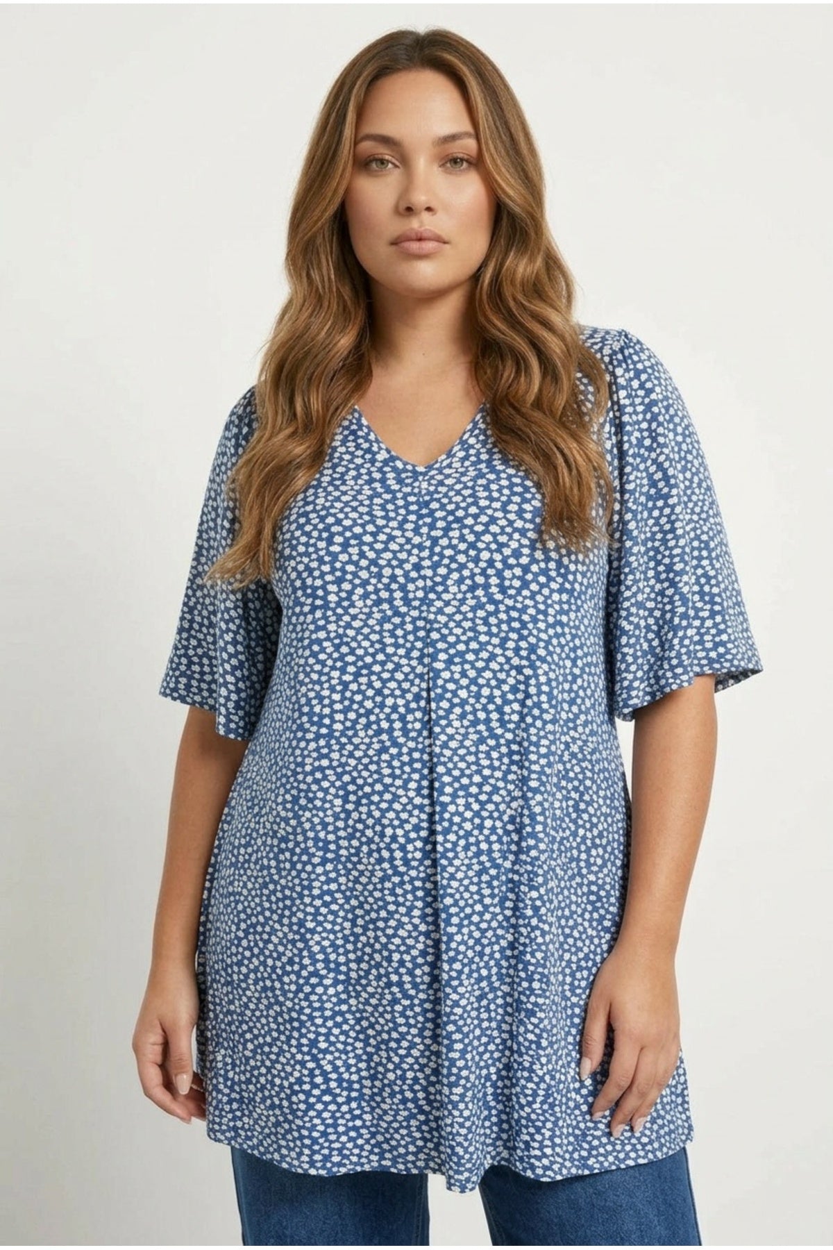 Plus Size V-Neck Short Sleeve Flared Hem Patterned Blouse
