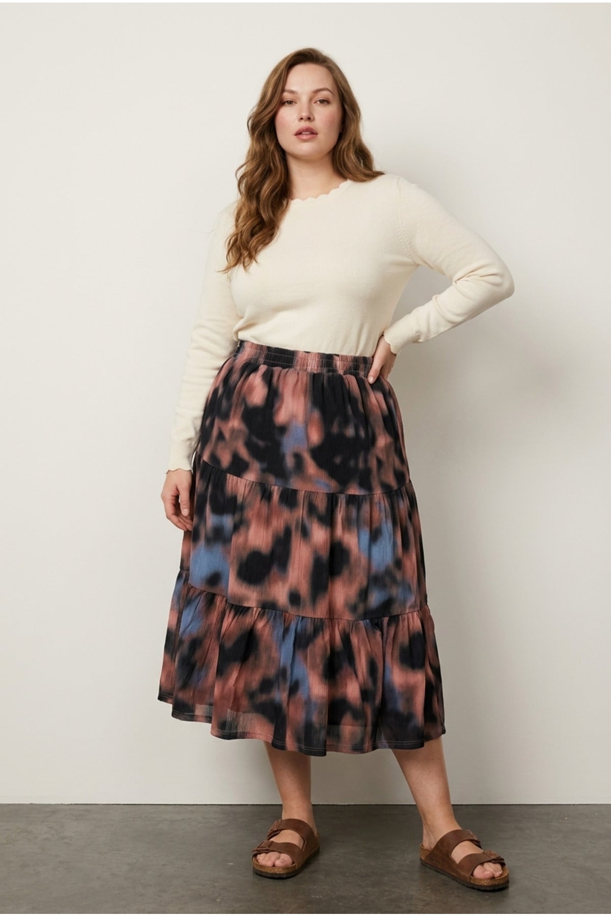 Plus Size Elasticated Waist Pleated Patterned Stretchy Skirt